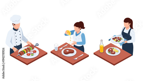 Isometric restaurant scene with chef, waiter, and dining table elements in kitchen setting