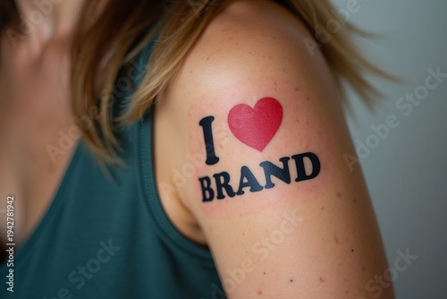 Close-up Image of a Woman's Arm Displaying a Tattoo Declaring Affection for a Brand: I Love Brand
