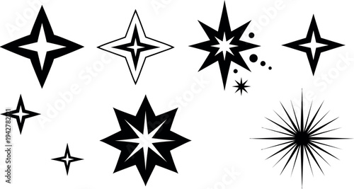 Varied geometric star shapes with differing points and line styles in monochrome design