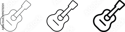 Three minimalist line art icons of an acoustic guitar, showcasing varying line thicknesses and a clean design.