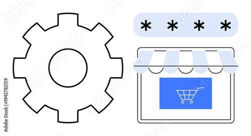 Online shopping, cybersecurity, password protection, digital retail, system management, data security. Gear icon, shopping cart interface and password entry. Cybersecurity and online shopping