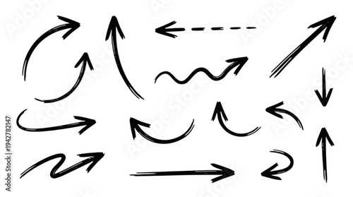 A diverse collection of hand-drawn arrow illustrations, featuring various styles and directions for design elements, navigation, and creative projects