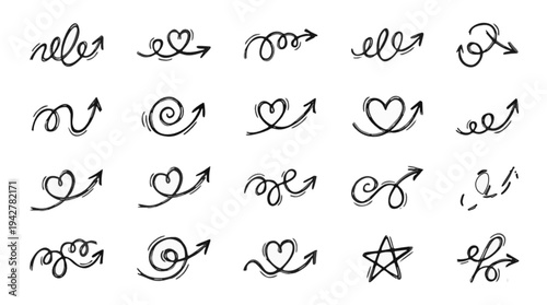 Hand-drawn doodle arrow icons with hearts and a star, perfect for creative projects and design elements