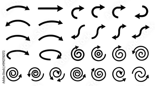 Dynamic collection of versatile arrow icons in sleek black, offering a wide range of directional indicators for user interfaces, informational graphics, and modern design projects