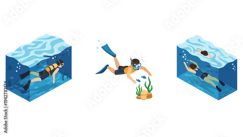 Isometric snorkeling adventures: underwater marine exploration