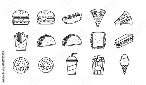 Street Food and Fast Food Snacks Vector Icon Set