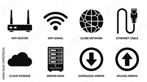 Internet Connectivity Vectors Icon Set – Network Technology Illustrations Featuring Router, Wi-Fi Signal, Globe, Ethernet Cable, Cloud Download, Server Rack, Upload Arrow, and Download Arrow