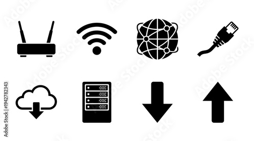 Internet Connectivity Vectors Icon Set – Network Technology Illustrations Featuring Router, Wi-Fi Signal, Globe, Ethernet Cable, Cloud Download, Server Rack, Upload Arrow, and Download Arrow