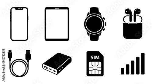 Mobile Devices Vectors Icon Set – Digital Accessories Illustrations Featuring Smartphone, Tablet, Smartwatch, Wireless Earbuds, Charger Cable, Power Bank, SIM Card, and Signal Bars