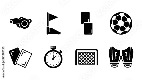 Essential soccer icons: whistle, flag, cards, ball, stopwatch, goal, boots