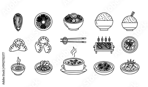 Traditional Korean Cuisine Black Outline Vector Icon Set