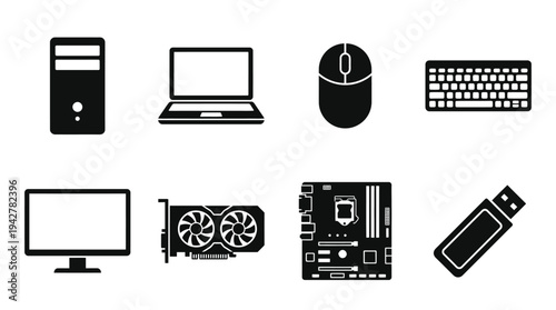 Computer Hardware Vectors Icon Set – Tech Gear Illustrations Featuring Desktop Tower, Laptop, Mouse, Keyboard, Monitor, Graphics Card, Motherboard, and USB Flash Drive