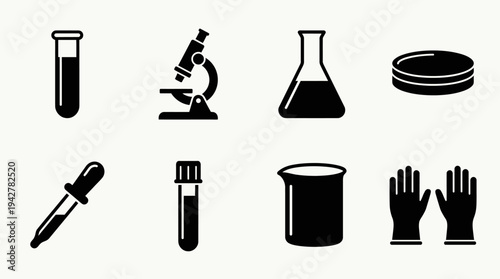 Lab Equipment Vectors Icon Set – Science and Medical Research Illustrations Featuring Test Tube, Microscope, Lab Flask, Petri Dish, Dropper, Sample Tube, Beaker, and Gloves