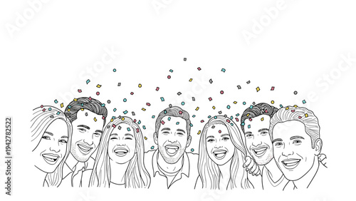 Celebratory line art group portrait with smiling faces and confetti