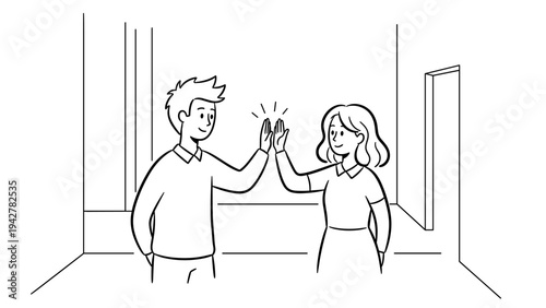 Minimalist linear drawing of a successful high five between two people in a modern office