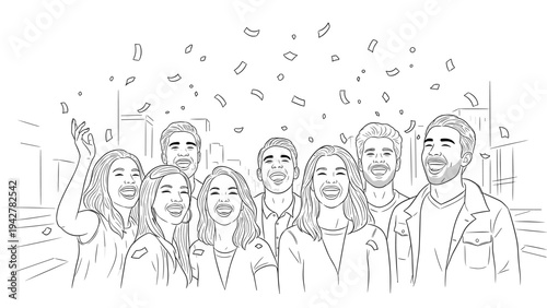 Celebratory group of diverse people laughing and smiling outdoors