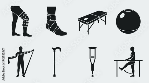Rehabilitation Vectors Icon Set – Physical Therapy and Recovery Illustrations Featuring Knee Brace, Ankle Support, Massage Table, Therapy Ball, Stretch Band, Cane, Crutch, and Assisted Exercise