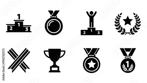 Award icons: medals, trophies, and podiums in bold silhouette design
