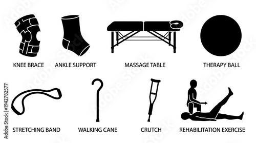 Rehabilitation Vectors Icon Set – Physical Therapy and Recovery Illustrations Featuring Knee Brace, Ankle Support, Massage Table, Therapy Ball, Stretch Band, Cane, Crutch, and Assisted Exercise