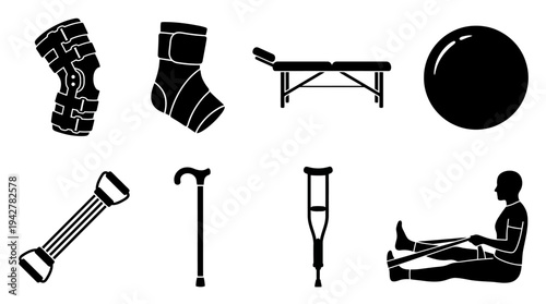 Rehabilitation Vectors Icon Set – Physical Therapy and Recovery Illustrations Featuring Knee Brace, Ankle Support, Massage Table, Therapy Ball, Stretch Band, Cane, Crutch, and Assisted Exercise