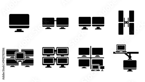 Set of silhouette computer monitor icons for multi-screen workstations