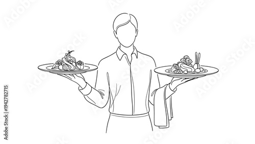 Line art of waiter holding plates with pasta and gourmet dish