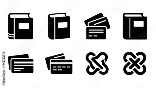 Minimalist icons of books and credit cards in black and white