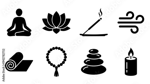 Meditation Elements Vectors Icon Set – Mindfulness and Wellness Illustrations Featuring Lotus Pose, Incense Stick, Infinity Symbol, Yoga Mat, Mala Beads, Zen Stones, and Candle
