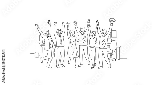 Linear team celebration in office: success and unity concept