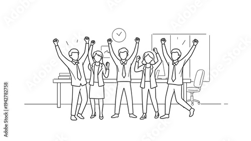 Celebratory business team in office setting with linear design