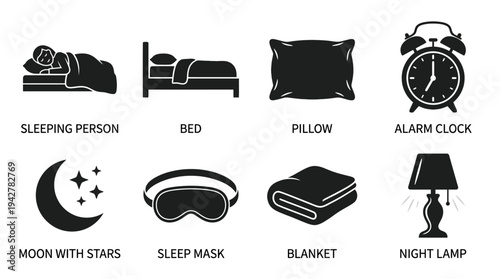 Sleep Wellness Vectors Icon Set – Nighttime Routine Illustrations Featuring Sleeping Person, Bed, Pillow, Alarm Clock, Moon, Eye Mask, Blanket, and Lamp