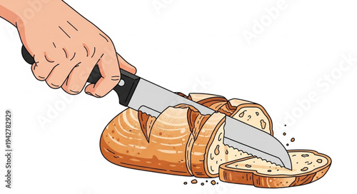 Hand Cutting Bread with Knife.