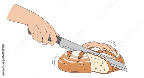 Hand Cutting Bread with Knife.