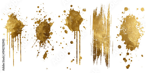 Luxury golden grunge paint brush stroke set splash vector design. abstract gold foil stain artistic line element banner border frame background.
