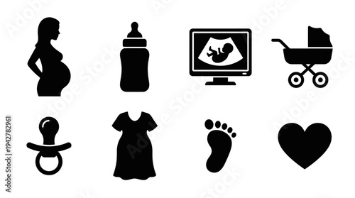 Pregnancy and Infant Care Vectors Featuring Pregnant Woman, Baby Bottle, Ultrasound Monitor, Stroller, Pacifier, Maternity Dress, Baby Footprint, and Heart Symbol