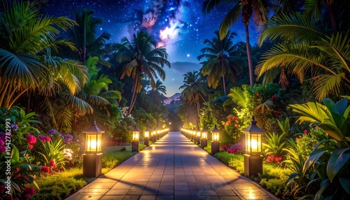 A serene pathway illuminated by lanterns leading through lush tropical foliage under a starry night sky