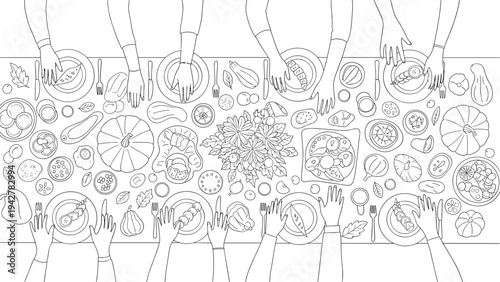 Top view of hands on autumn dinner table with seasonal dishes in linear style