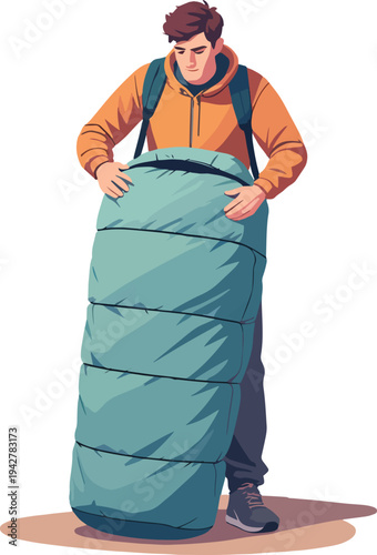 Illustrazione vettoriale di una persona che arrotola o sistema un sacco a pelo imbottito dopo il campeggio. Concetto di outdoor, viaggio, escursionismo, organizzazione dell’attrezzatura e vita nella n