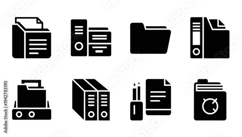 Silhouette office folder and document icons set for business organization