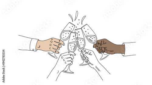Celebratory toast with champagne glasses in a linear style illustration