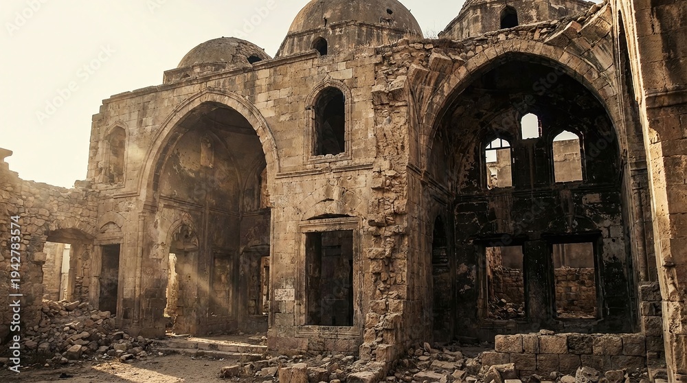 Naklejka premium Ancient ruins of a historic stone building with arched doorways and domes under a clear sky.