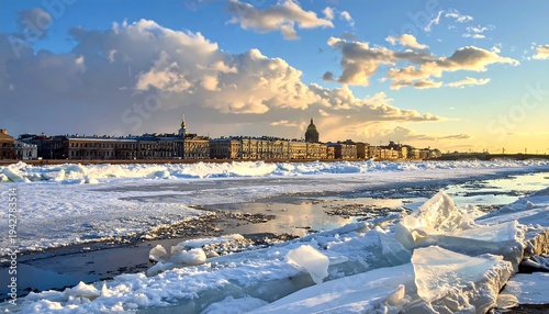 A scenic riverside view in winter showcasing a city skyline under a dramatic, cloudy sky, with ice formations