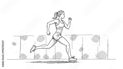 Athletic woman running in sketch style with urban background