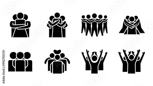 Silhouette icons of group unity and celebration in flat style