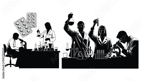 Silhouette Scientists Working in Lab with Pills and Equipment