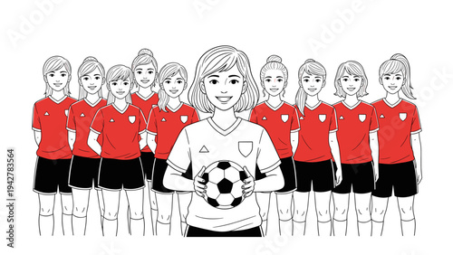Dynamic female soccer team: black and white sketch with red uniform accents
