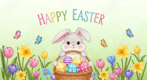 Easter bunny in a basket of colorful eggs surrounded by flowers and butterflies on a spring day