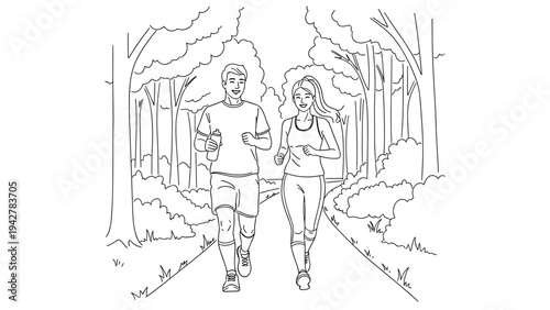 Couple jogging in a forest path: black and white outline drawing of outdoor fitness