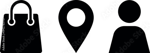 Icons representing shopping, location, and user profile in black and white style