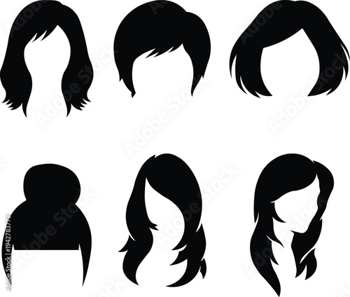 Women hairstyle silhouettes collection for beauty salon and fashion design black hair style icons Vector illustration